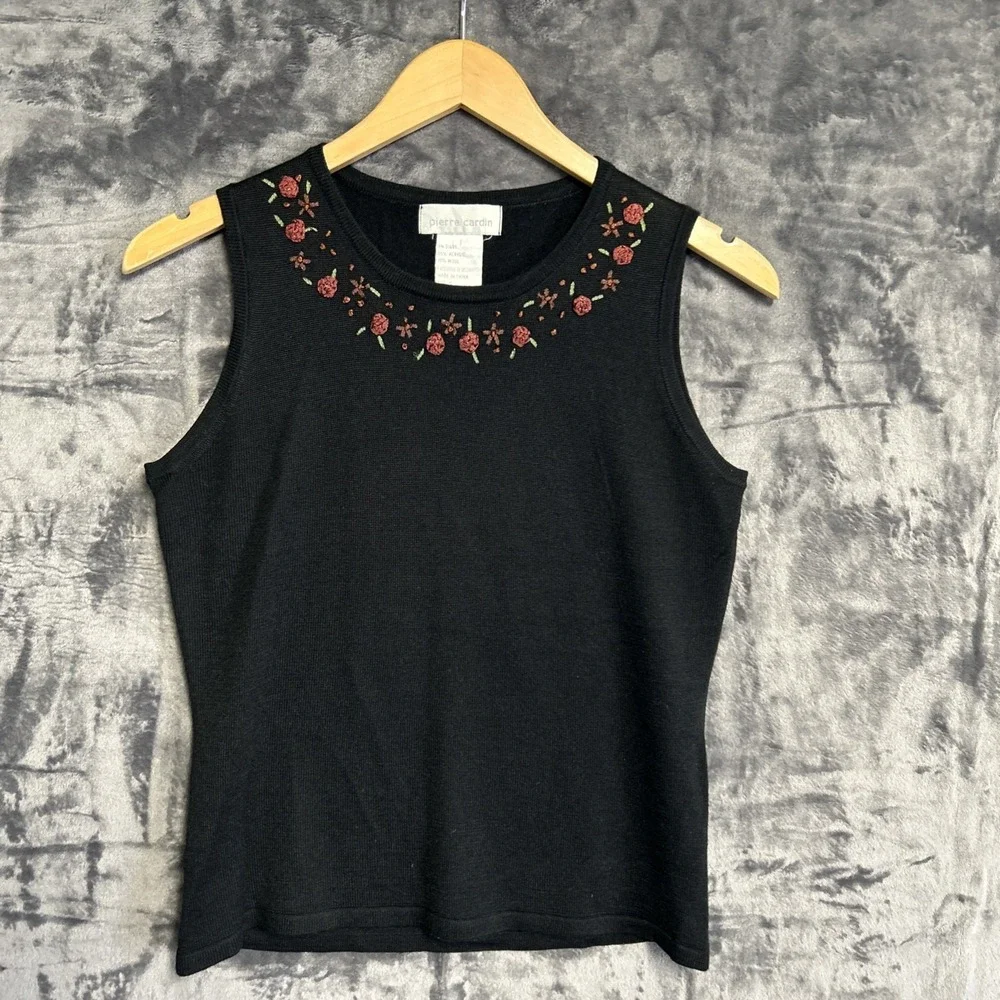 Pierre Cardin Shell Top Women's Small Black Wool Blend Floral Embroidered Preppy